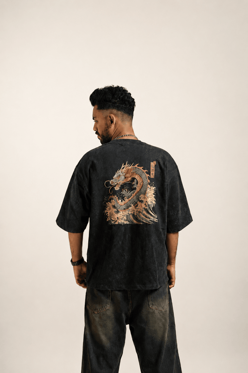 Dragon Wave" Premium Acid Wash Oversized Tee - GreenUrbanFaad